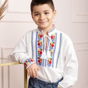 Camasa traditionala de baieti alba cu motiv floral multicolor Narcis