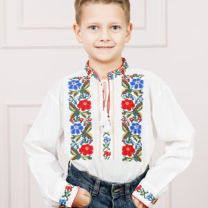 Camasa traditionala de baieti alba cu motiv floral multicolor Rafael