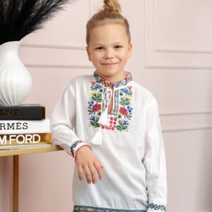 Camasa traditionala de baieti alba cu motiv floral multicolor Sebastian