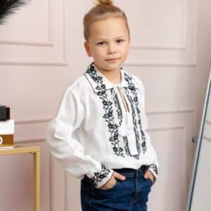Camasa traditionala de baieti alba cu motiv floral negru Iacob