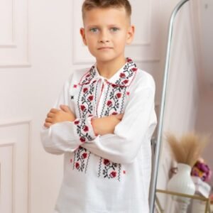 Camasa traditionala de baieti alba cu motiv floral rosu Alin 02