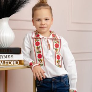 Camasa traditionala de baieti alba cu motiv floral rosu Casian