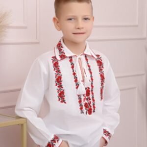 Camasa traditionala de baieti alba cu motiv floral rosu Cristian 01