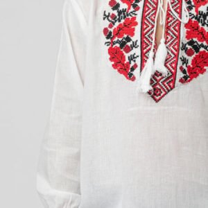 Camasa traditionala de baieti alba cu motiv floral rosu Dominic 03