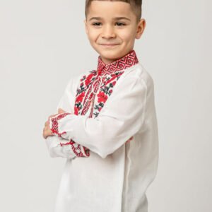 Camasa traditionala de baieti alba cu motiv floral rosu Dominic 03