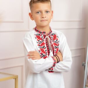 Camasa traditionala de baieti alba cu motiv floral rosu Dominic 04
