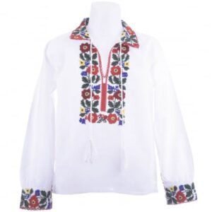 Camasa traditionala de baieti alba cu motiv floral rosu Felix
