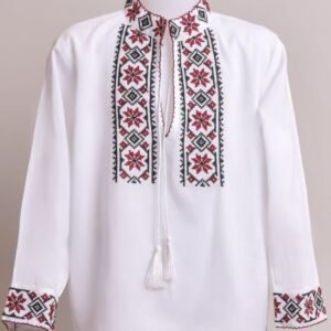 Camasa traditionala de baieti alba cu motiv floral rosu Laurentiu 02