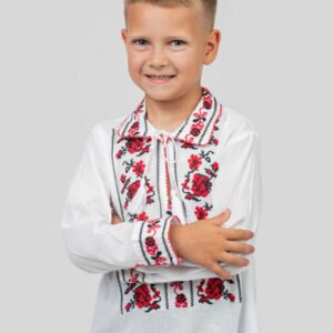 Camasa traditionala de baieti alba cu motiv floral rosu Liviu 02