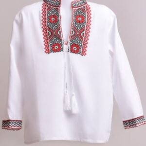 Camasa traditionala de baieti alba cu motiv floral rosu Robert 02