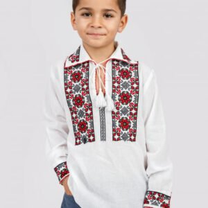 Camasa traditionala de baieti alba cu motiv floral rosu Silviu 01