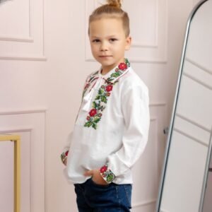 Camasa traditionala de baieti alba cu motiv floral rosu Sorin