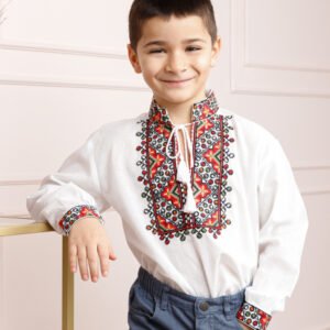 Camasa traditionala de baieti alba cu motiv floral rosu Timotei