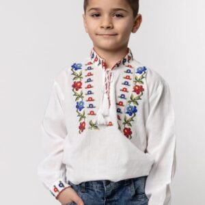 Camasa traditionala de baieti alba cu motiv floral tricolor Dima