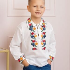 Camasa traditionala de baieti alba cu motiv floral tricolor Gabriel