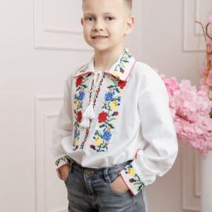 Camasa traditionala de baieti alba cu motiv floral tricolor Ionut