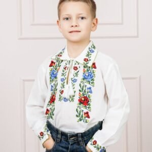 Camasa traditionala de baieti alba cu motiv floral tricolor Paul 01