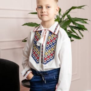 Camasa traditionala de baieti alba cu motiv floral tricolor Raul