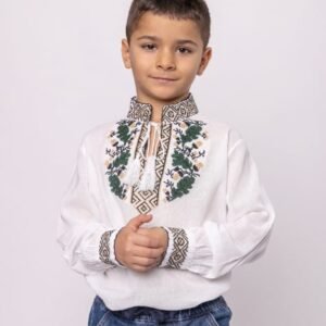Camasa traditionala de baieti alba cu motiv floral verde Dominic 01
