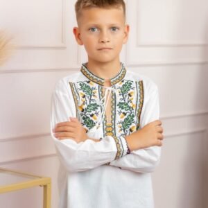 Camasa traditionala de baieti alba cu motiv floral verde Dominic 05