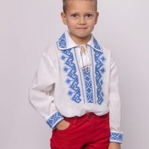 Camasa traditionala de baieti alba cu motiv geometric albastru Alexandru 01