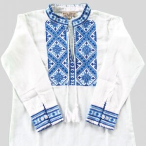 Camasa traditionala de baieti alba cu motiv geometric albastru Andreas