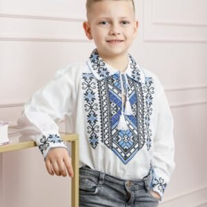 Camasa traditionala de baieti alba cu motiv geometric albastru Arthur