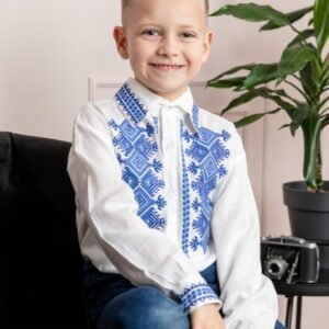 Camasa traditionala de baieti alba cu motiv geometric albastru Bogdan 02