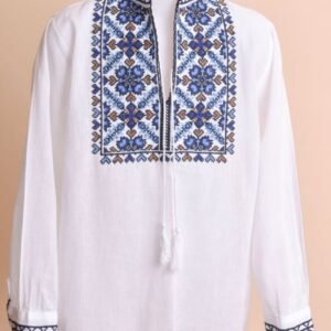 Camasa traditionala de baieti alba cu motiv geometric albastru Claudiu 02