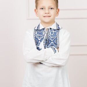 Camasa traditionala de baieti alba cu motiv geometric albastru Codrin 02