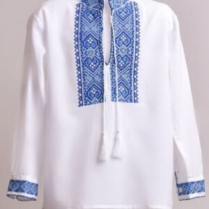 Camasa traditionala de baieti alba cu motiv geometric albastru Damian 02