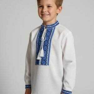 Camasa traditionala de baieti alba cu motiv geometric albastru Daniel 02