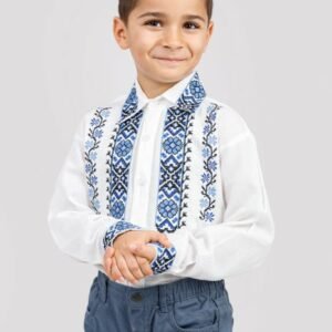 Camasa traditionala de baieti alba cu motiv geometric albastru Darius 01