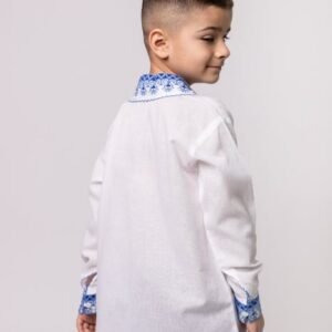 Camasa traditionala de baieti alba cu motiv geometric albastru David 02
