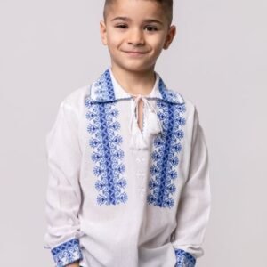 Camasa traditionala de baieti alba cu motiv geometric albastru David 02