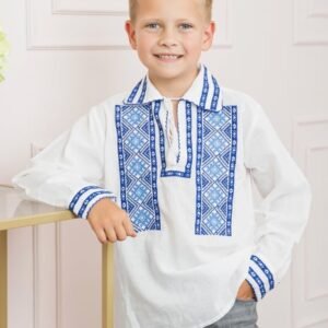 Camasa traditionala de baieti alba cu motiv geometric albastru Eduard