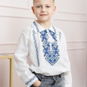 Camasa traditionala de baieti alba cu motiv geometric albastru Emil