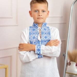 Camasa traditionala de baieti alba cu motiv geometric albastru Fabian 02