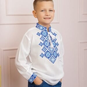 Camasa traditionala de baieti alba cu motiv geometric albastru Filip 02