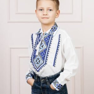 Camasa traditionala de baieti alba cu motiv geometric albastru Flavius 01