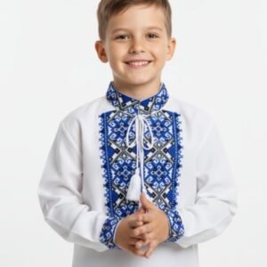 Camasa traditionala de baieti alba cu motiv geometric albastru Ioan