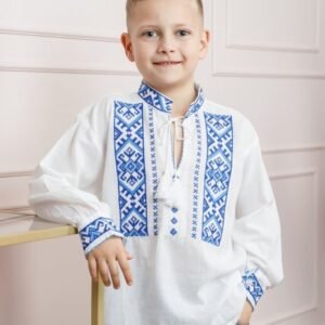 Camasa traditionala de baieti alba cu motiv geometric albastru Ionas