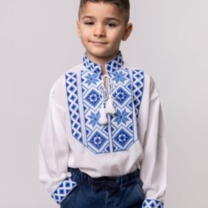 Camasa traditionala de baieti alba cu motiv geometric albastru Mateo