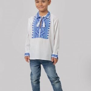 Camasa traditionala de baieti alba cu motiv geometric albastru Pavel 01