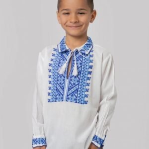 Camasa traditionala de baieti alba cu motiv geometric albastru Pavel 01