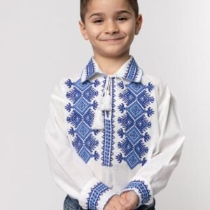 Camasa traditionala de baieti alba cu motiv geometric albastru Raul