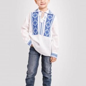 Camasa traditionala de baieti alba cu motiv geometric albastru Serban