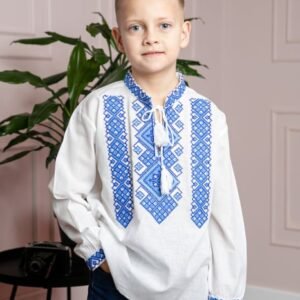 Camasa traditionala de baieti alba cu motiv geometric albastru Sergiu