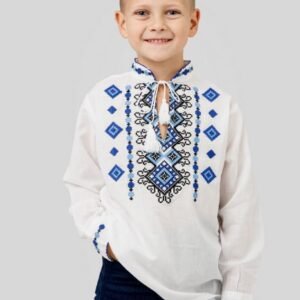 Camasa traditionala de baieti alba cu motiv geometric albastru Stefan 01