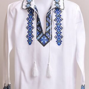 Camasa traditionala de baieti alba cu motiv geometric albastru Teodor 01